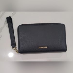 Rebecca Minkoff Cell Phone Wallet Black Leather Wristlet Clutch w/ Gold Zipper